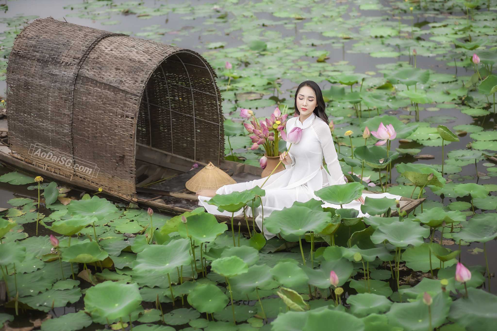 chụp ảnh áo dài với hoa sen tại Hà Nội